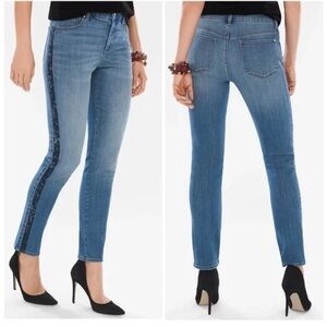 Chicos slimming girlfriend slim leg ankle jeans size 2R with blue velvet detail.